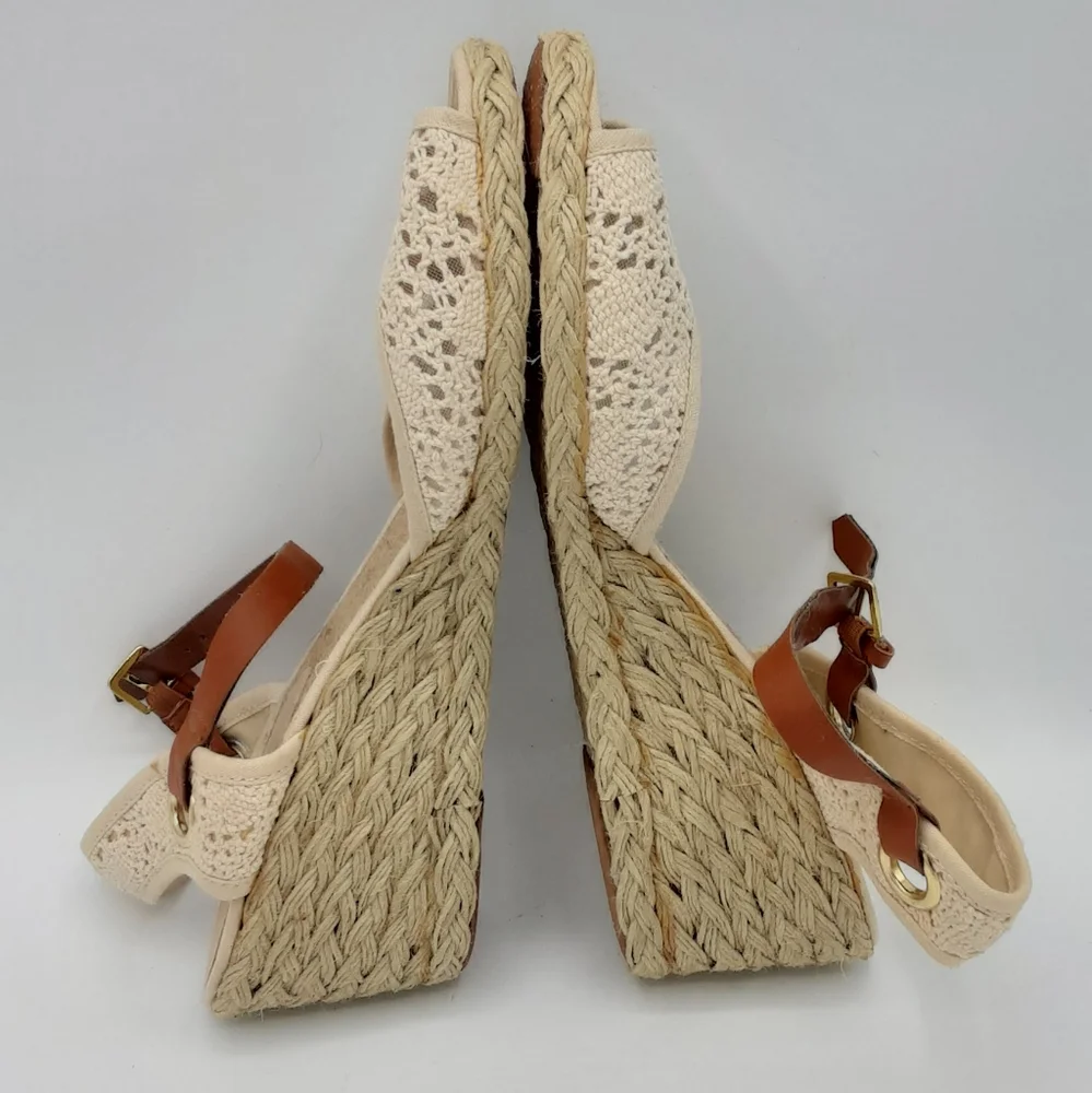 Lauren Ralph Lauren Cream and Brown Espadrille Wedges with Ankle Strap